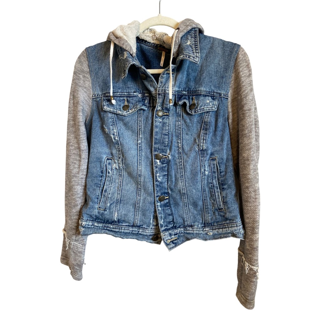 Free People Womens Medium Blue Distressed Denim Mixed Media Hooded Jacket Grey
